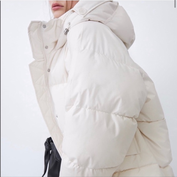 Zara oversized hooded ecru cream neutral puffer jacket Parka pocket size XS NWT - Picture 4 of 16